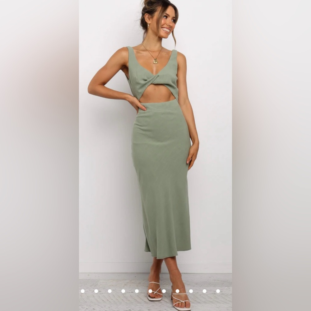 NWT Petal & Pup Sleeveless Apollo Bodice Twist Midi Dress w Cutouts Olive Green